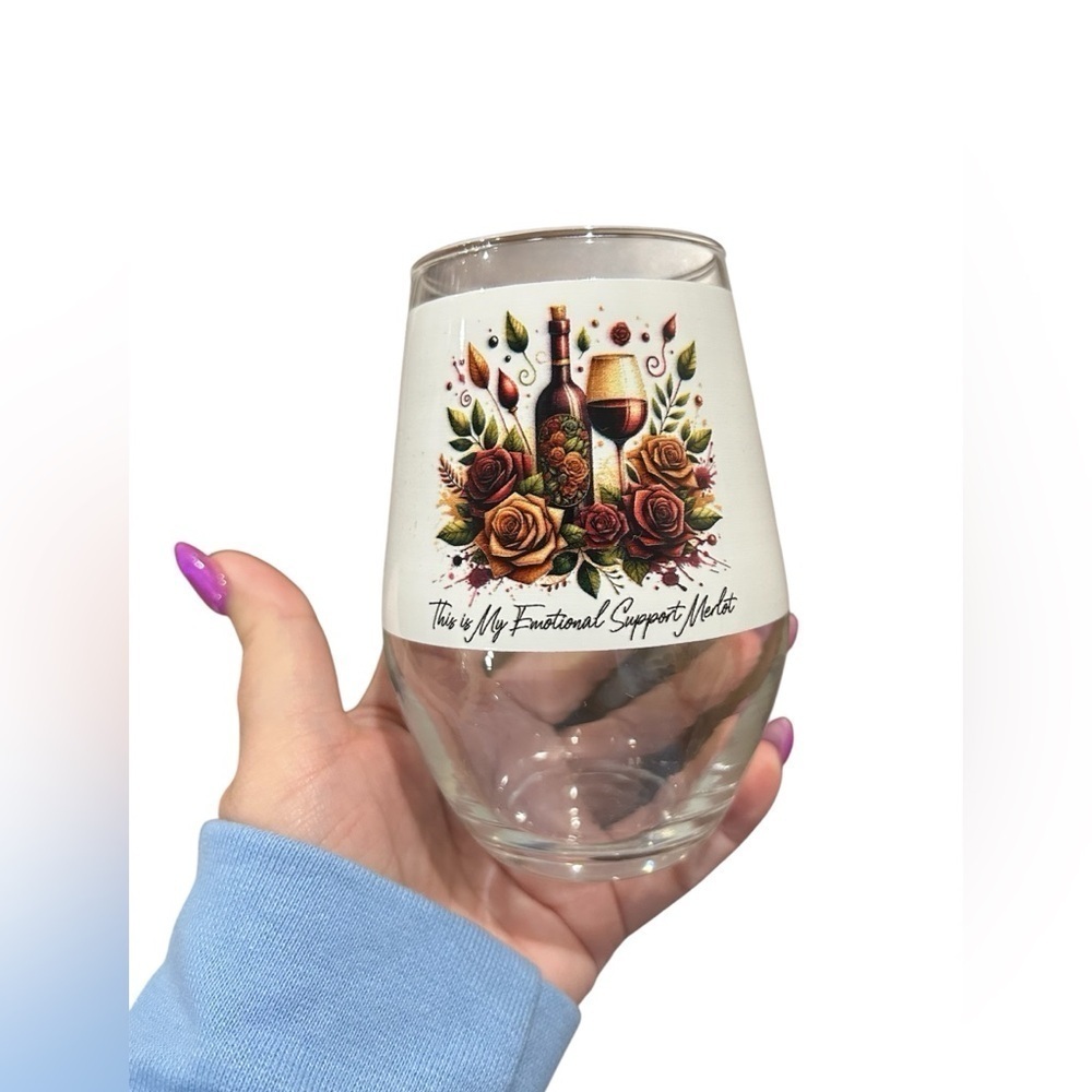 Floral Wine Glass with Fun “Emotional Support Merlot” Quote
